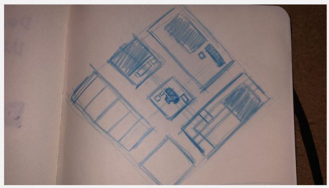 The first notebook sketch of the 3D world's layout