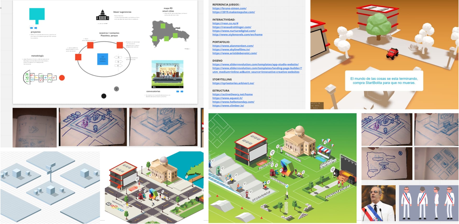 The 3D pipeline on one board: the service map, the reference list, the grey-box blocking, the notebook sketches, the isometric town in colour, and the characters