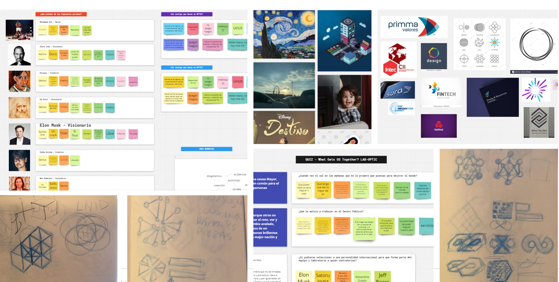 The identity board for the lab: references, colour exploration, sketches and sticky notes
