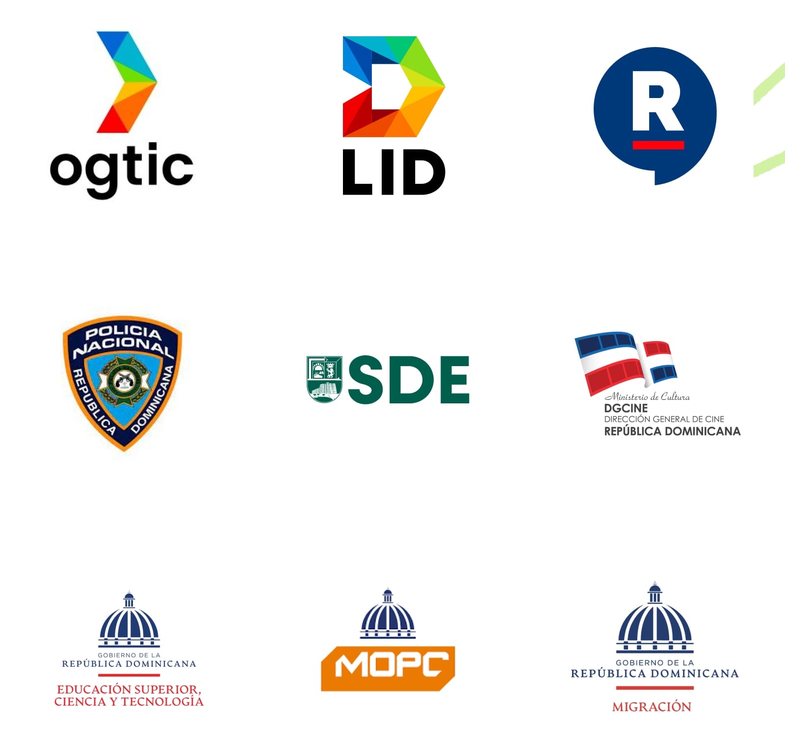 The institutions that brought their problems to the lab: LID, OGTIC, the National Police, Santo Domingo Este, DGCINE, MOPC, Migration, Higher Education