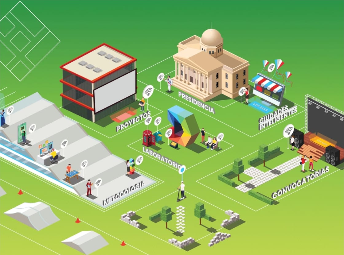 The isometric town of the 3D world, with the LID mark standing as a sculpture in the Laboratorio zone