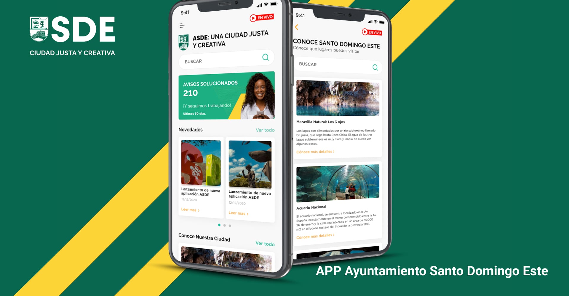The SDE city app on two phones: the home with “210 notices solved in the last 30 days”, and the “Know Santo Domingo Este” screen