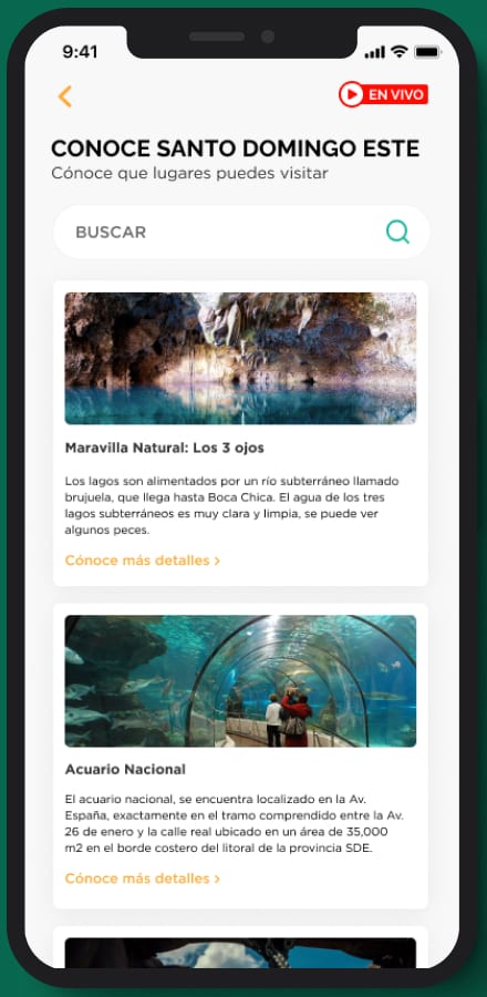 The “Know Santo Domingo Este” screen of the app: Los Tres Ojos and the National Aquarium as cards