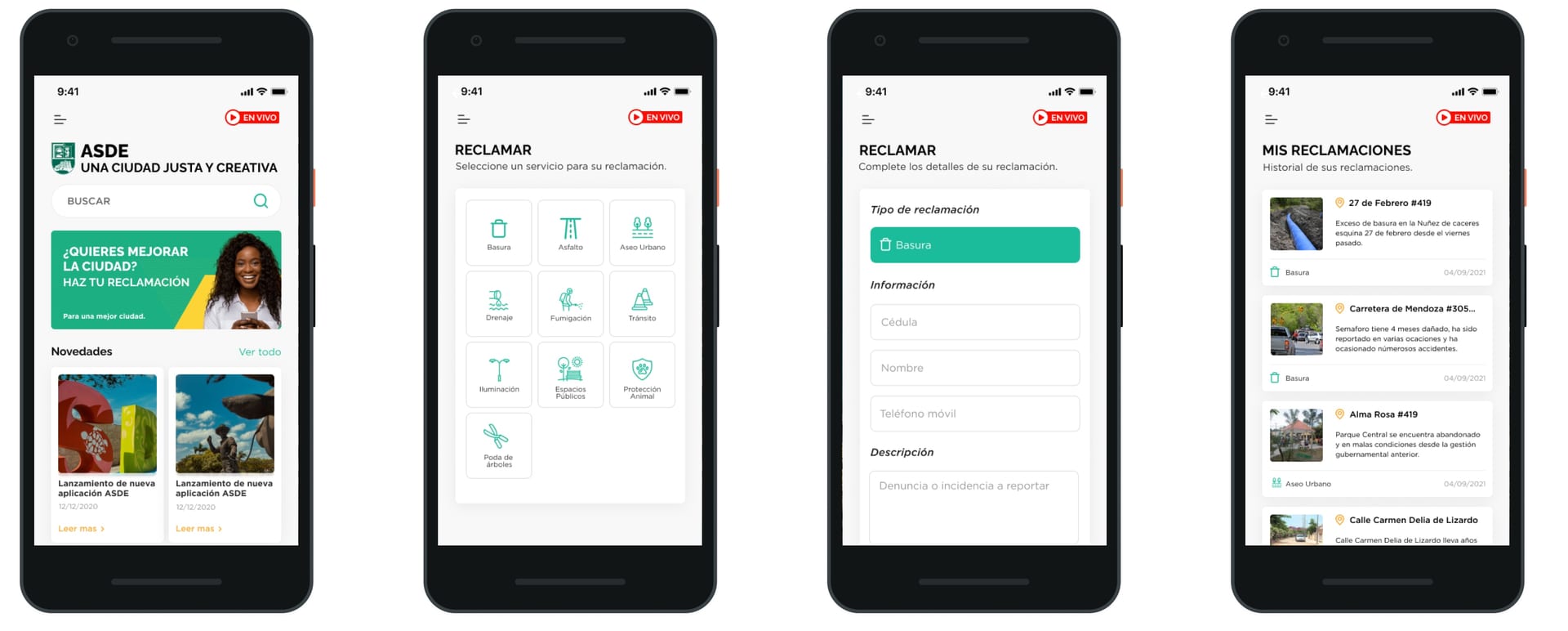The four steps of a claim in the SDE app: home, pick a service, fill the form, my claims