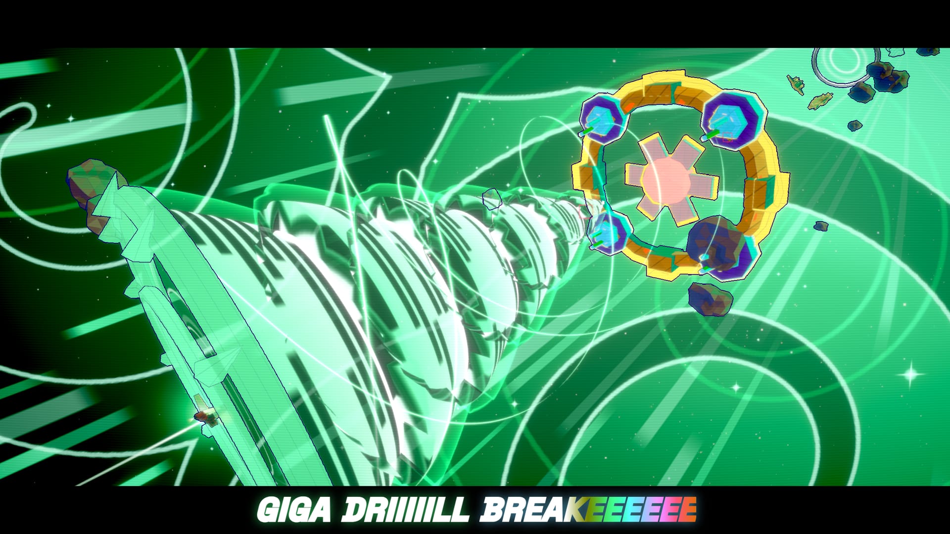 The Giga Drill Breaker: an enormous green drill of spiral energy emerging from the tiny ship and reaching the boss station
