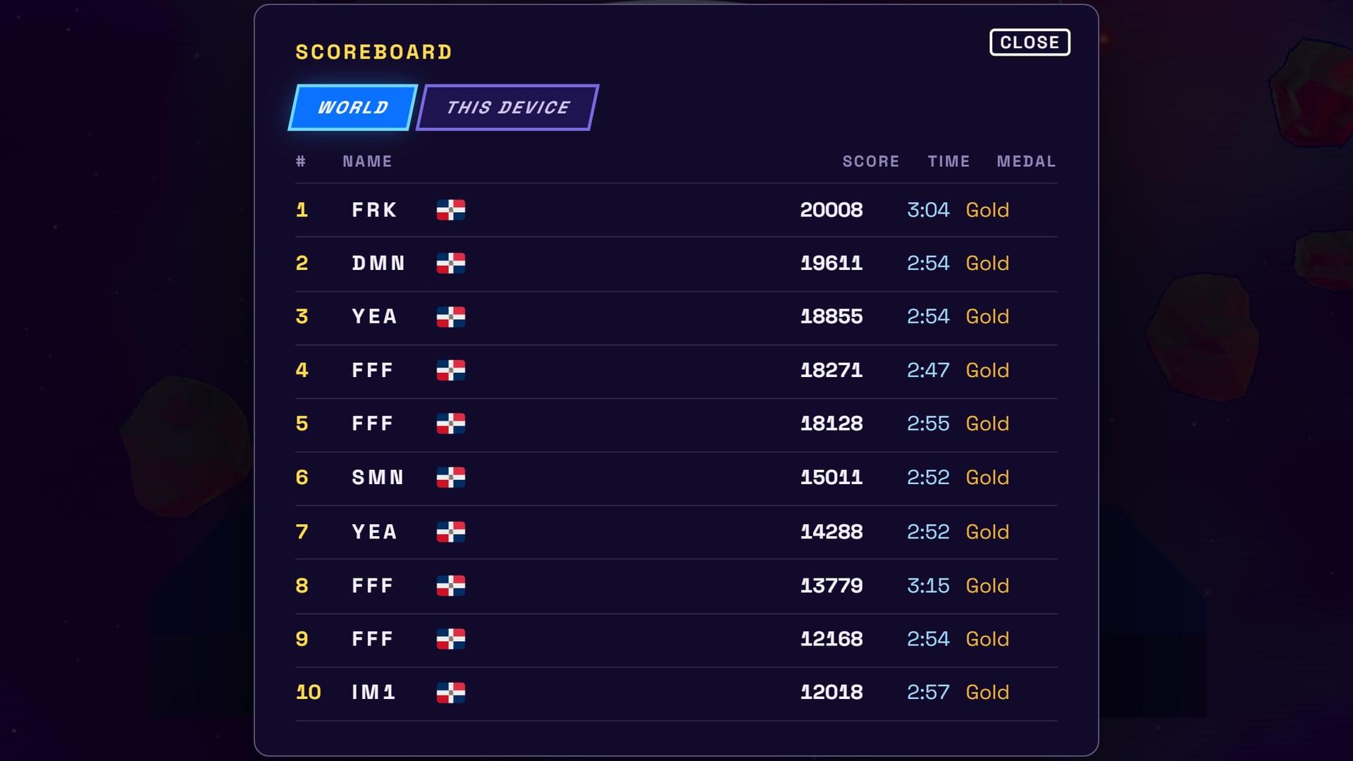 The Star Drill world scoreboard: ten entries with initials, country flags, scores, times and gold medals