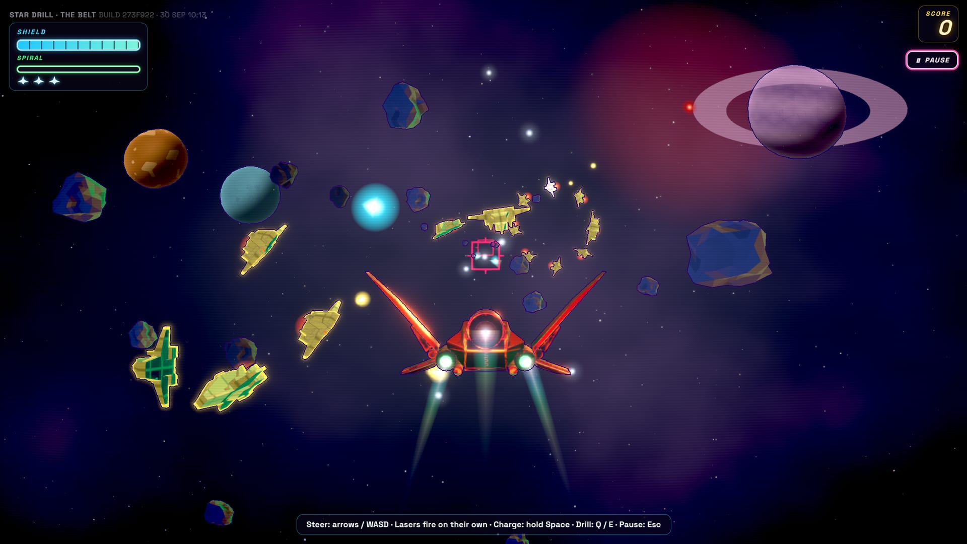 A formation of enemy ships coming in over the asteroid belt, with planets behind and the shield and spiral bars on screen