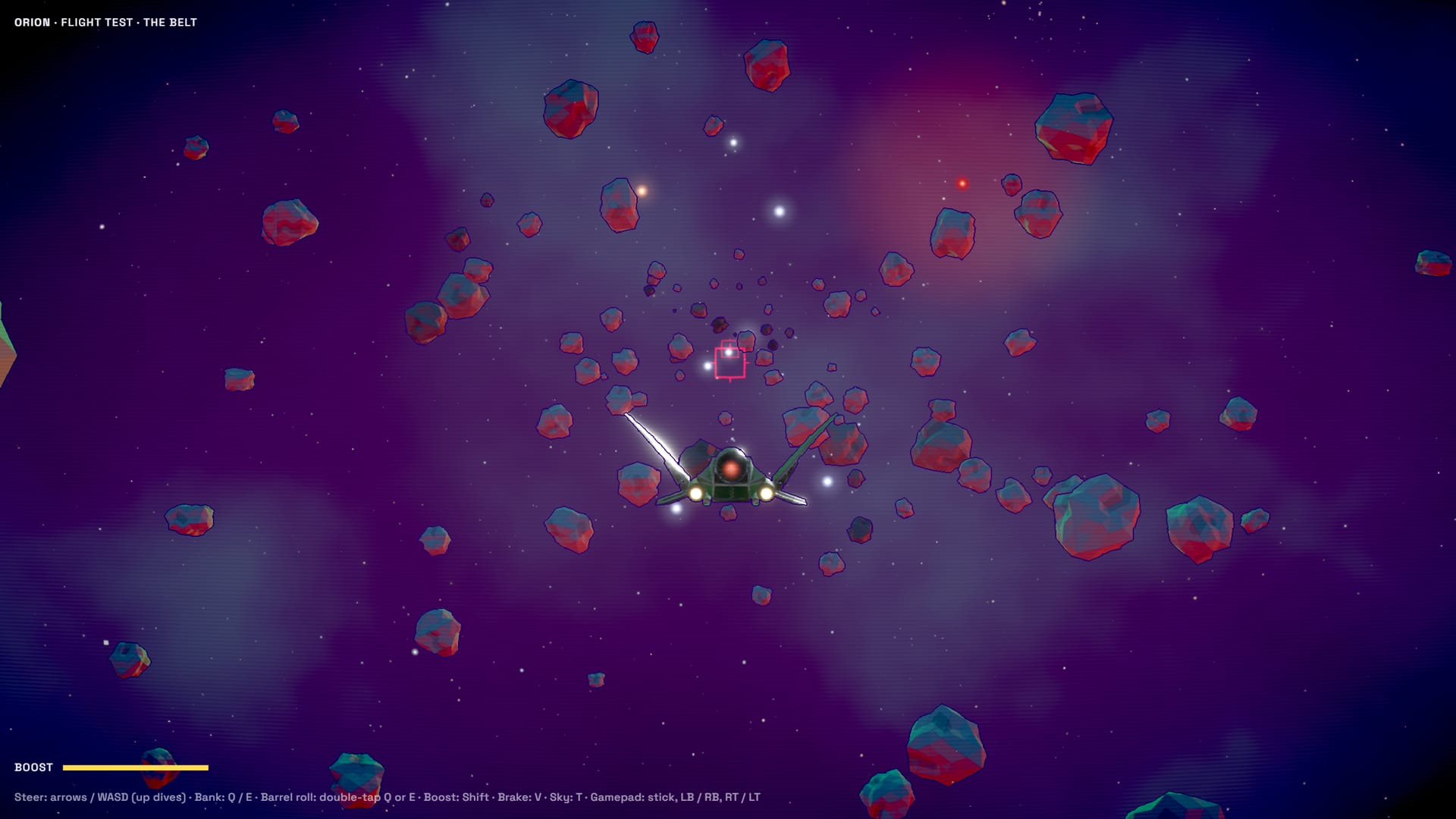 The first version of the game: one ship among asteroids, a boost bar, and a heading that reads ORION, FLIGHT TEST, THE BELT